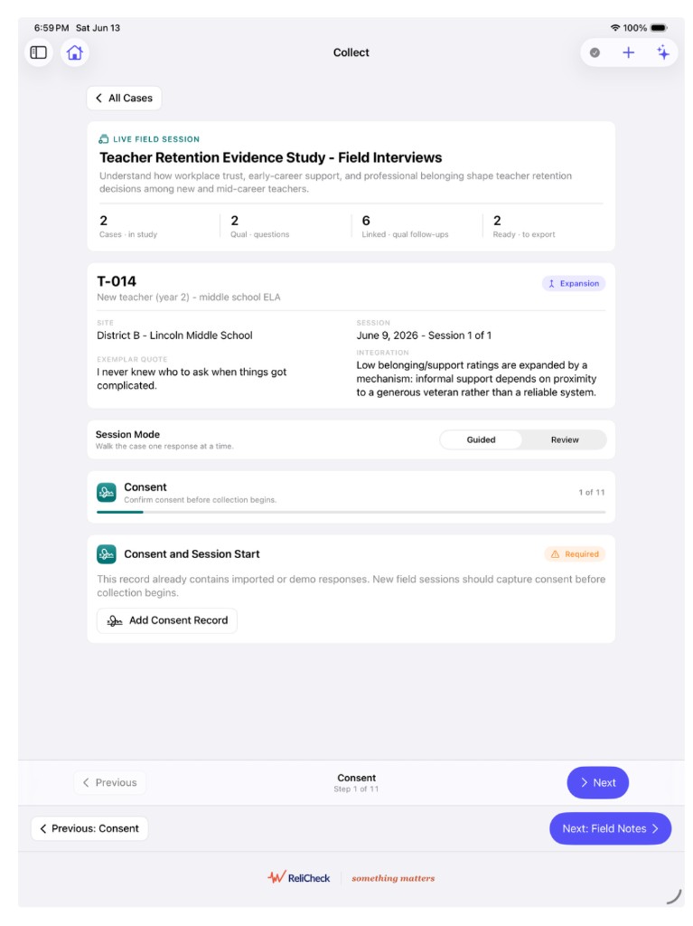 Collect screen for a live field session with consent required before collection