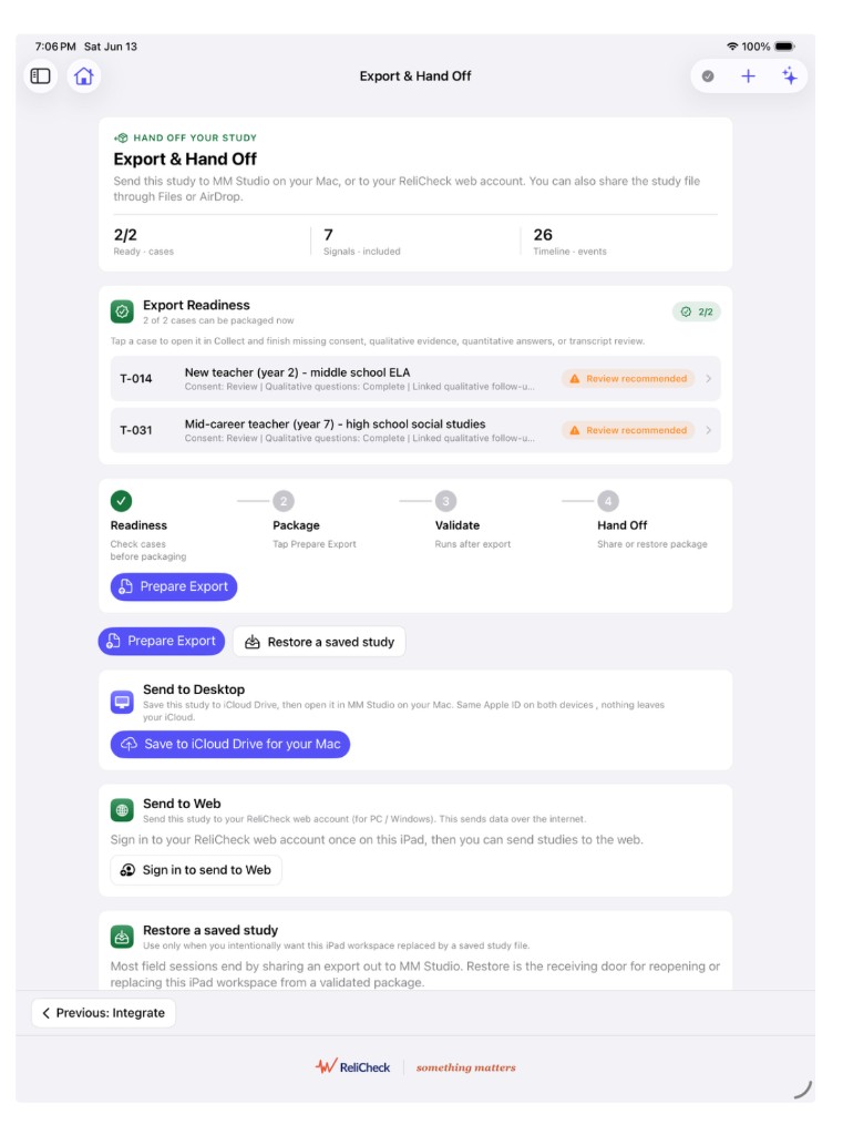 Export and Hand Off with readiness checks, prepare export, and send to desktop or web