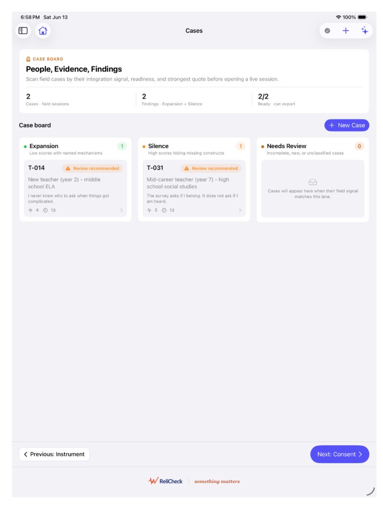 Instrument Builder with study setup, blueprint counts, and question builder