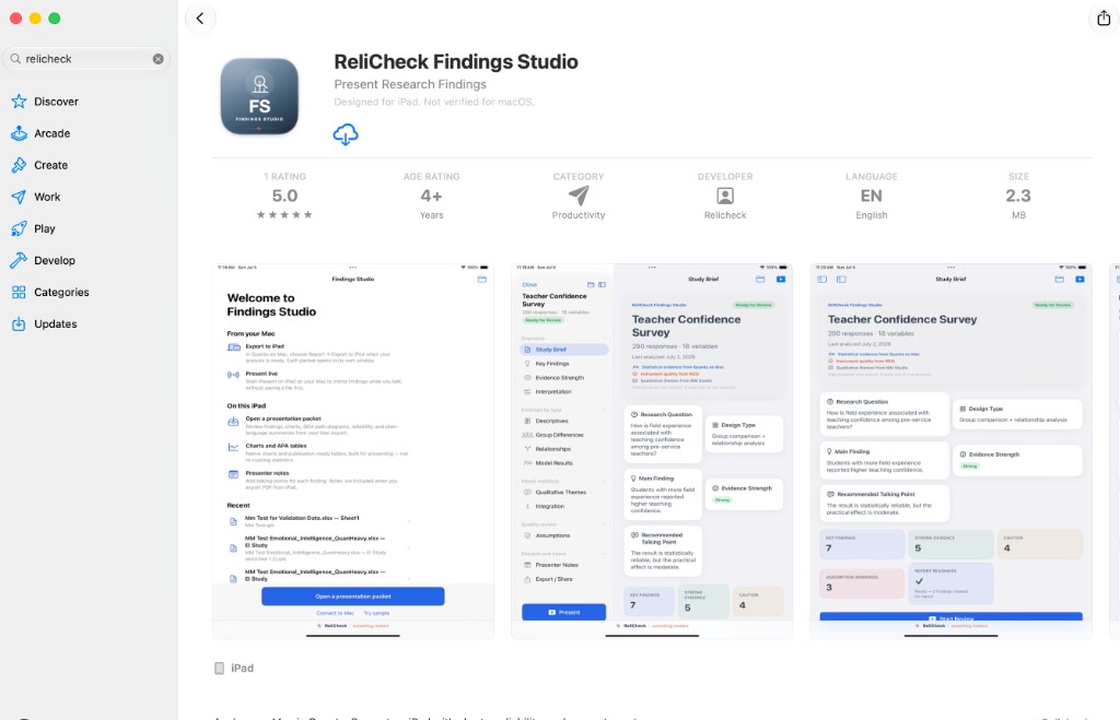 ReliCheck Findings Studio on the Mac App Store, showing the app icon, rating, and iPad screenshots