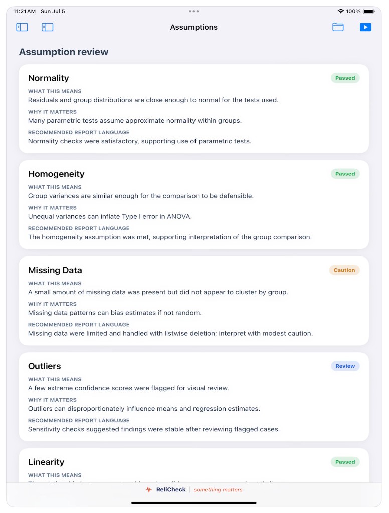 Assumption review cards with Passed, Caution, and Review status badges