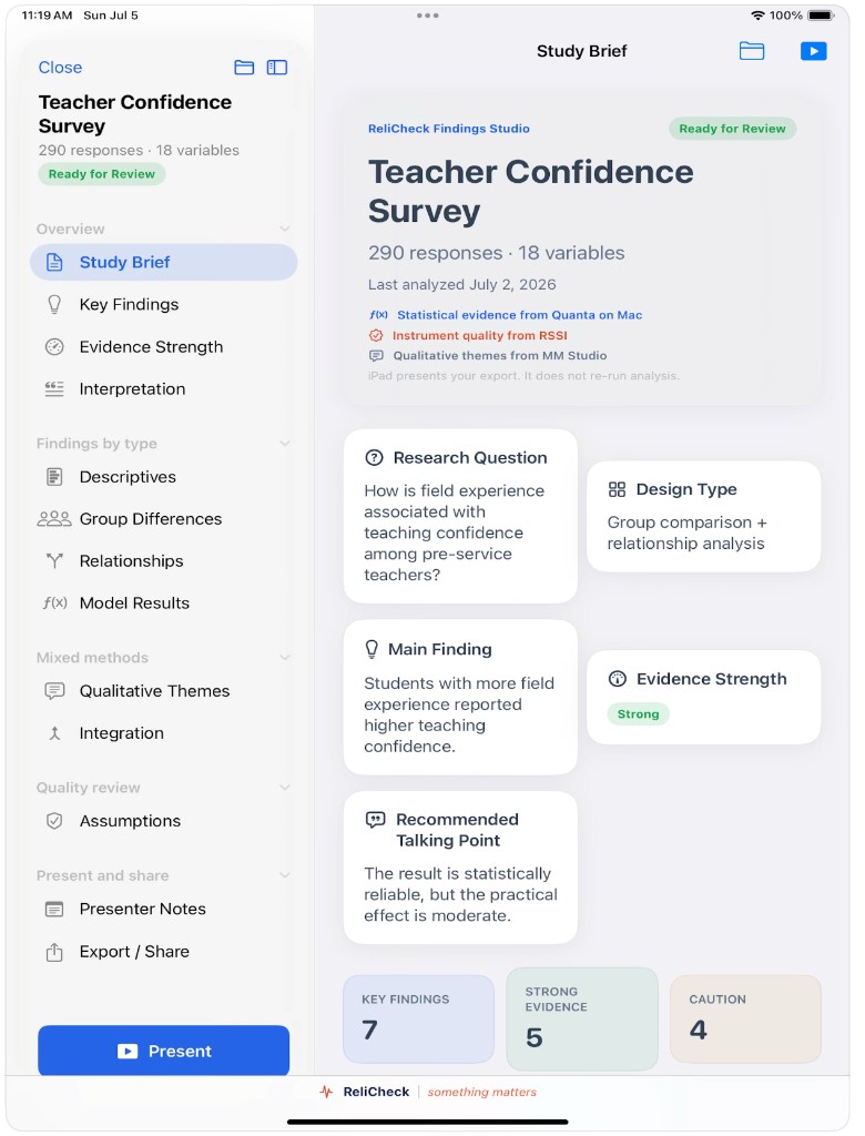 Findings Studio with sidebar navigation and Study Brief open for Teacher Confidence Survey