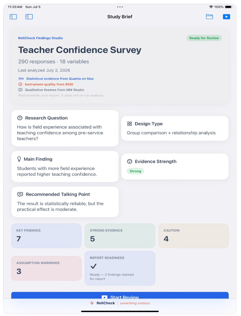 Study Brief for Teacher Confidence Survey with readiness badge, research question, and key metrics