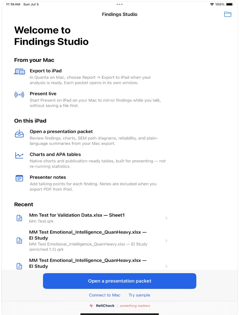 Findings Studio welcome screen: export from Quanta, open a presentation packet, and recent packets