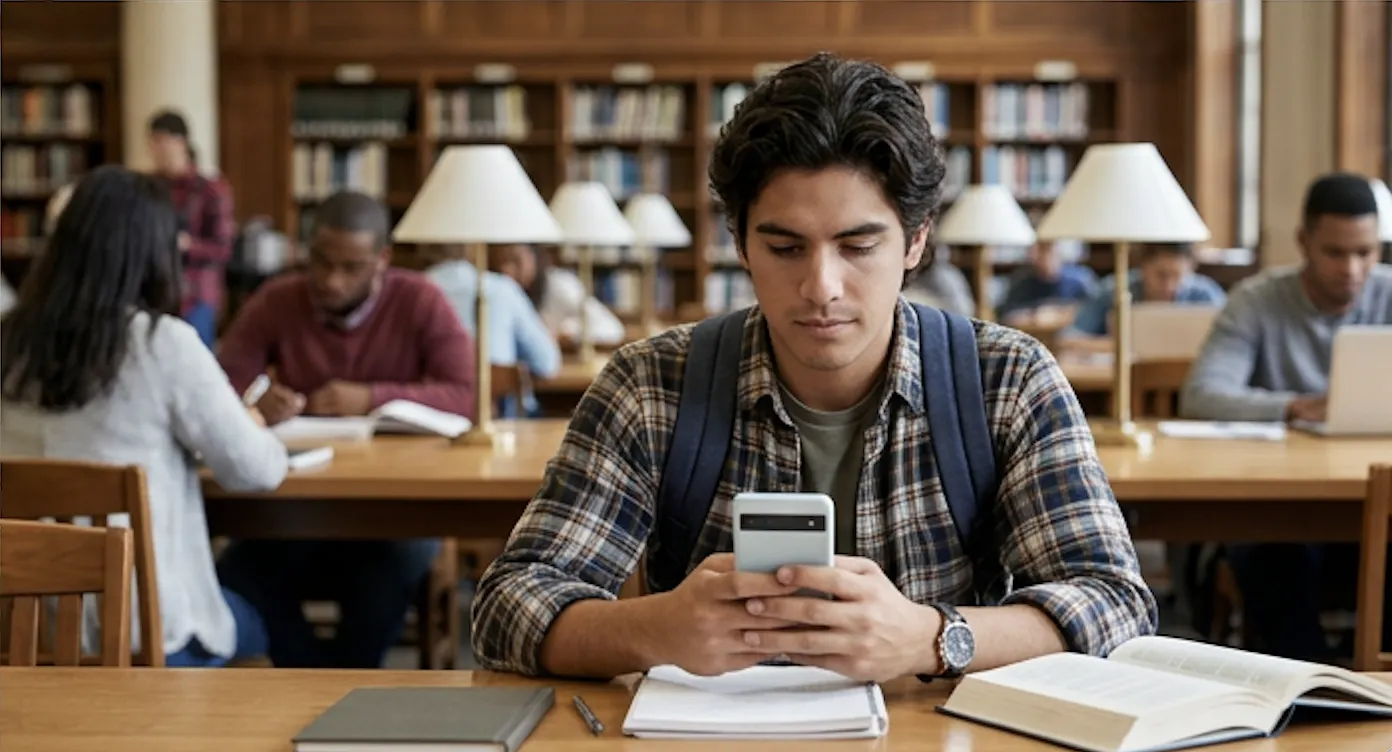 A graduate student working at a long table in a university library