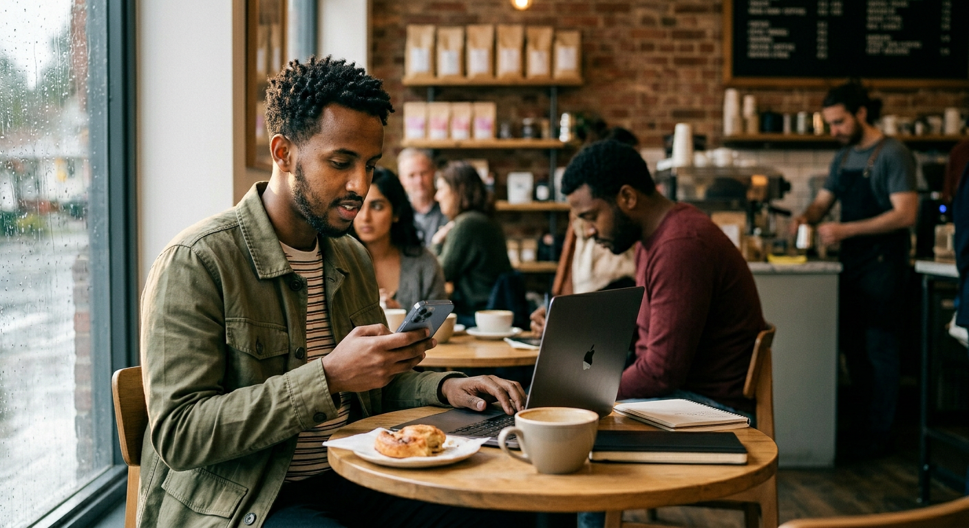 A researcher working on a MacBook at a coffee shop table on a rainy afternoon