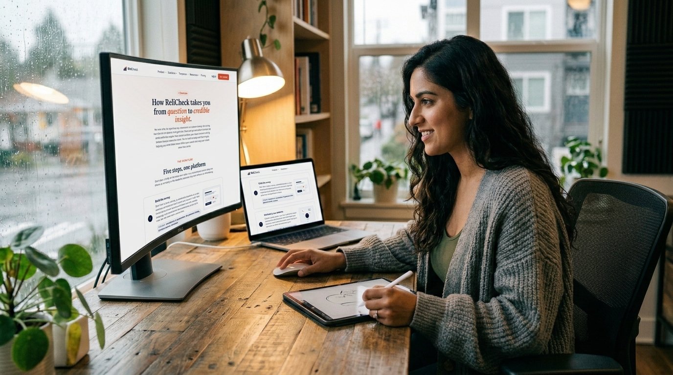 A researcher working across a monitor, a laptop, and an iPad
