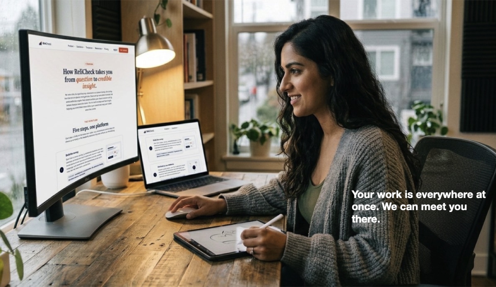 A researcher working across a desktop monitor, laptop, and iPad, all running ReliCheck