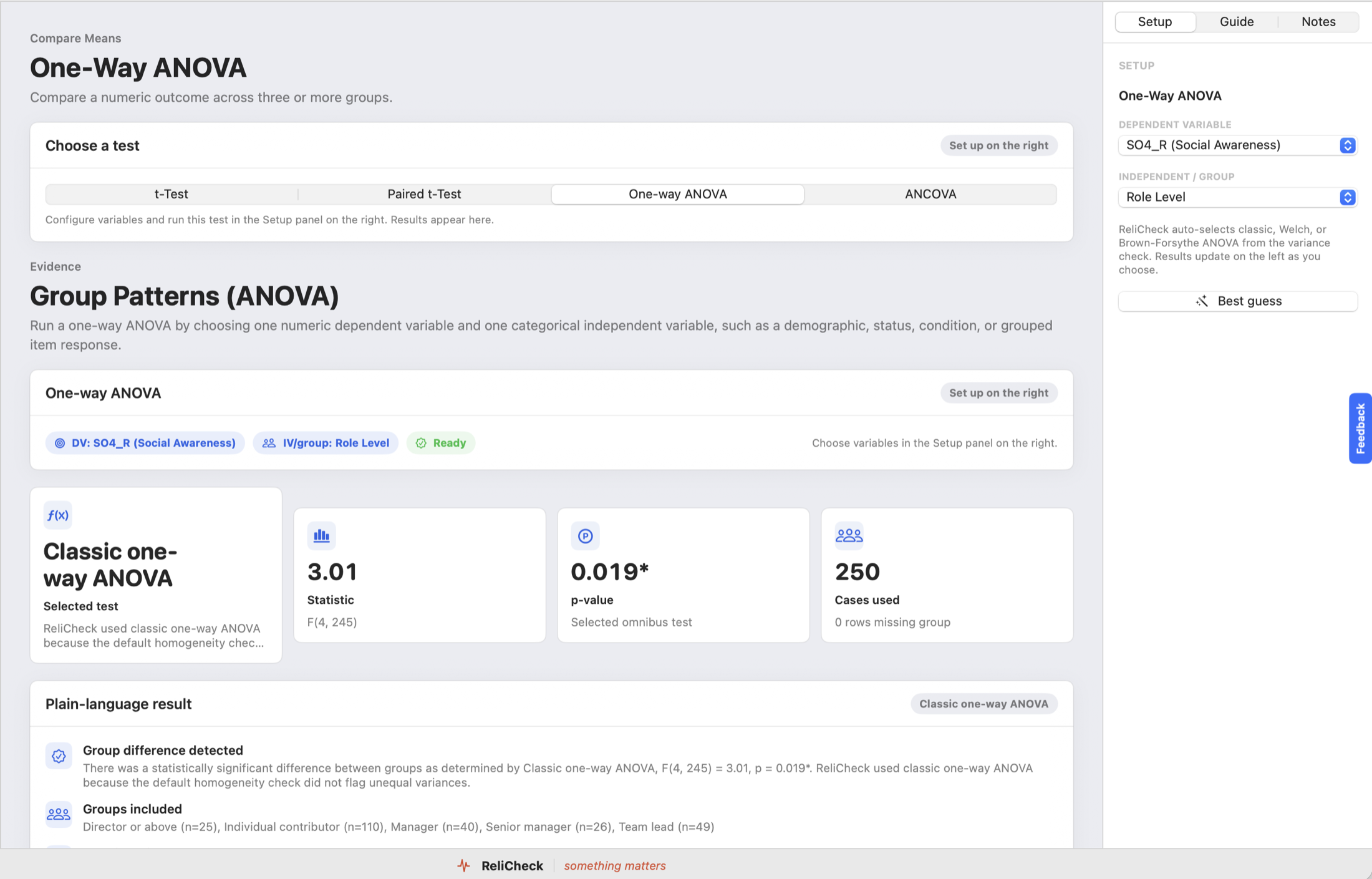 Quanta one-way ANOVA, light mode