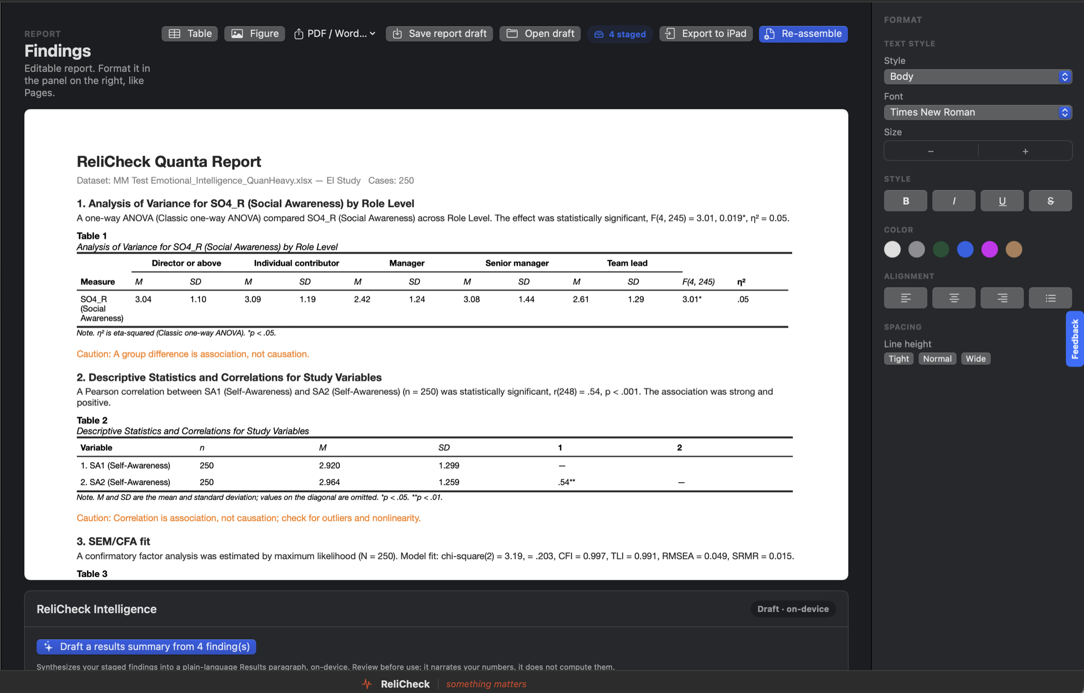 Quanta findings report with APA tables