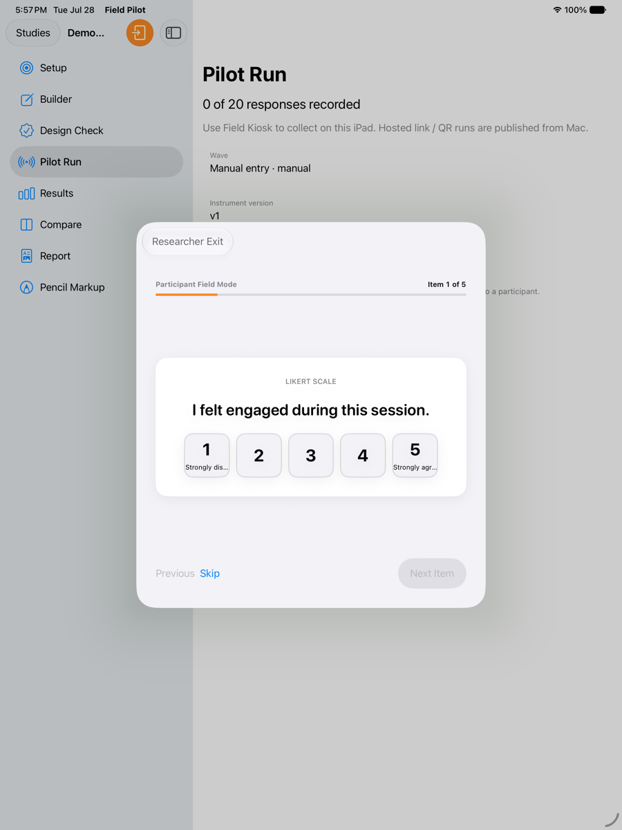 ReliCheck Field Pilot on iPad in Field Kiosk mode, showing a Likert item presented to a participant with a researcher exit control