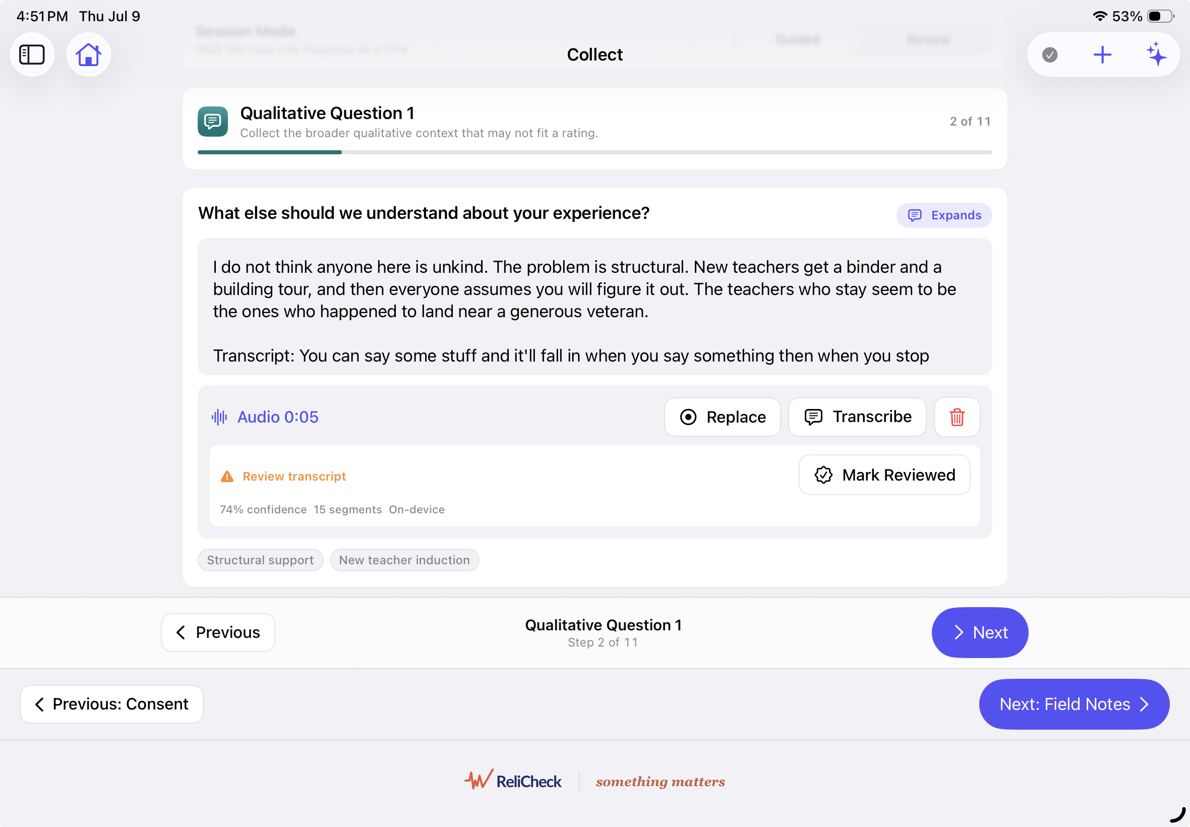 MM Field Studio on iPad collecting a qualitative response with on-device transcription and field notes
