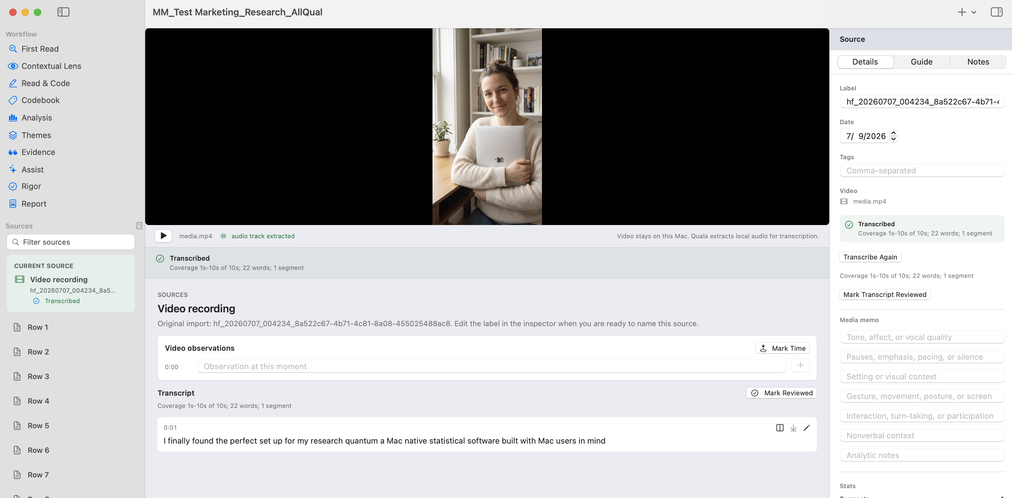 Quala qualitative analysis software for Mac: a transcribed video interview with the workflow sidebar from first read to report and the source inspector open