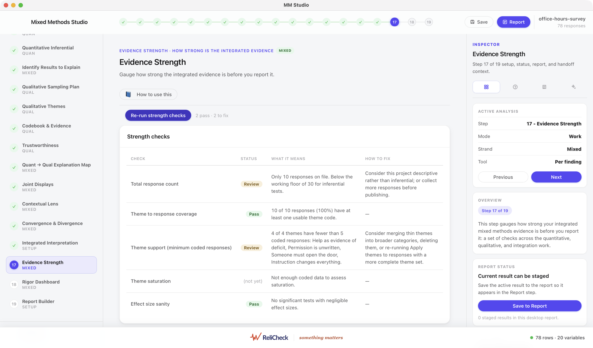 MM Studio evidence strength checks, reporting which pass and which need work before the claim can be leaned on
