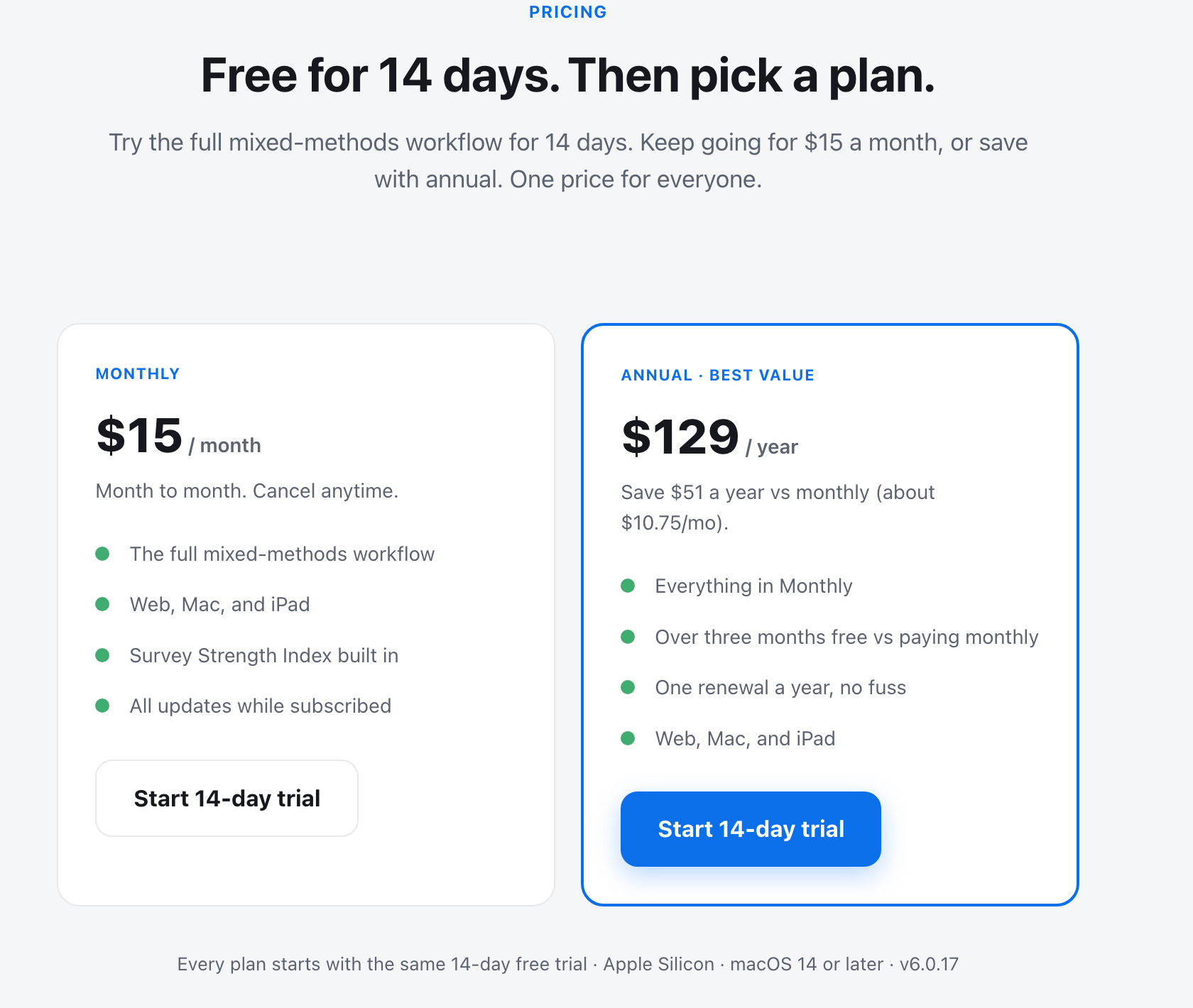 MM Studio pricing: a 14-day free trial, then one subscription covering web, Mac, and iPad