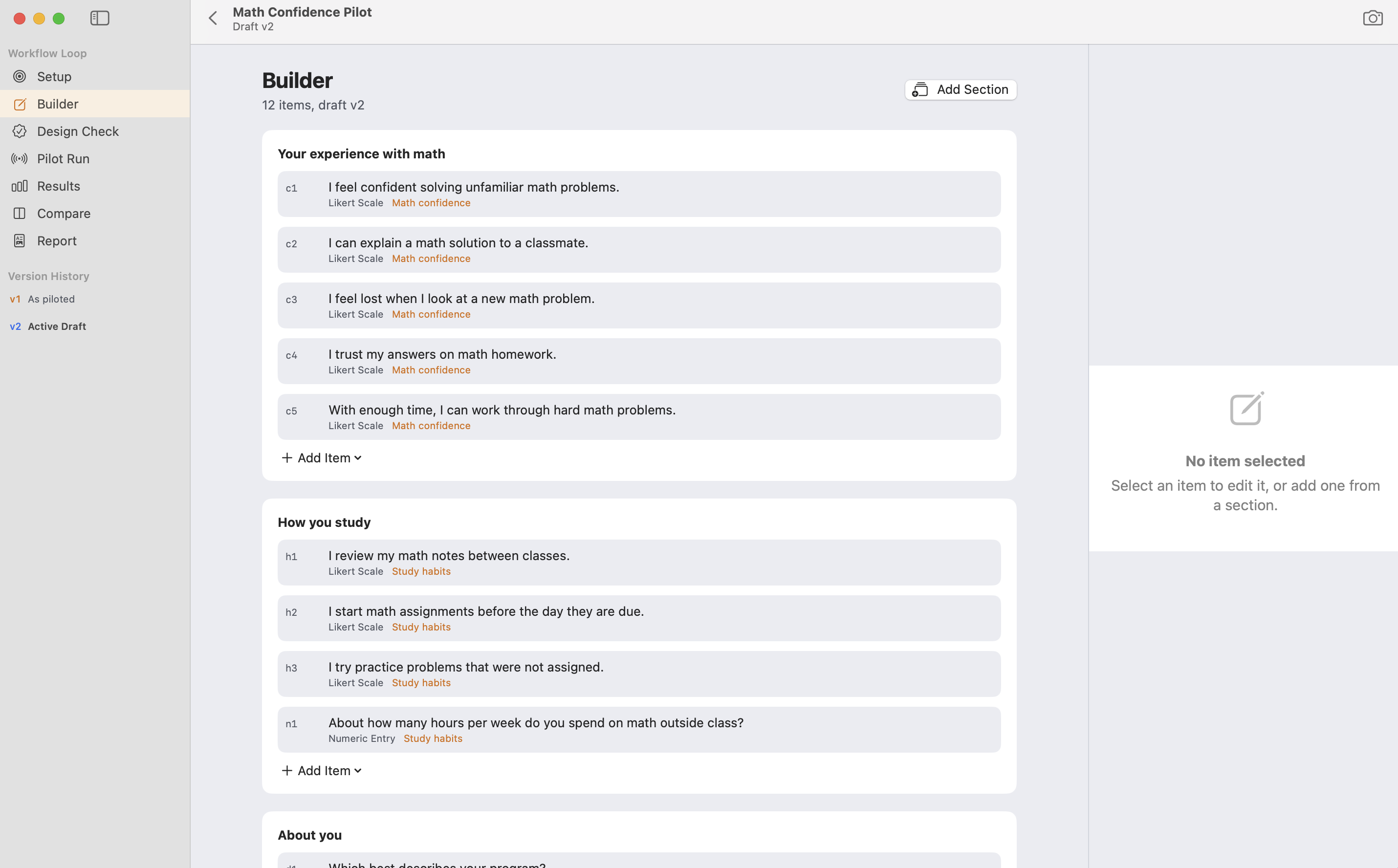 Pilot Study Builder with Likert items mapped to Math confidence and Study habits