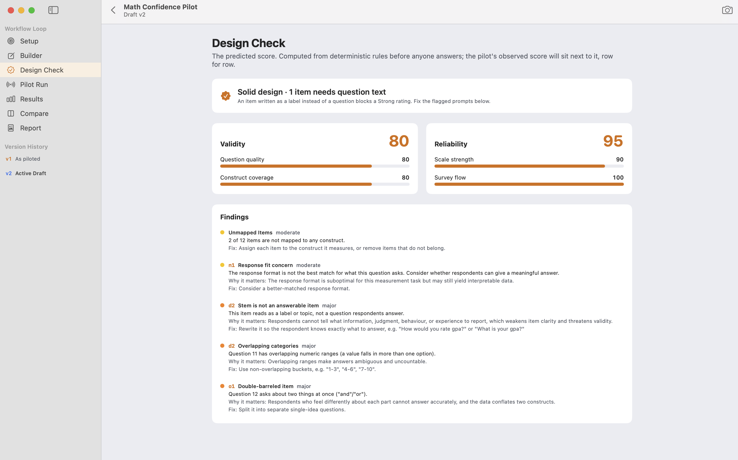 Pilot Study Design Check with predicted validity and reliability scores