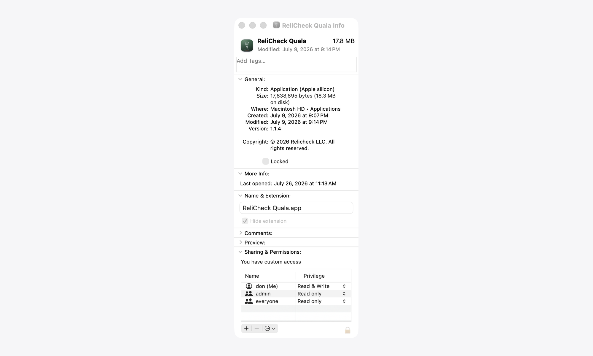 Finder Get Info for ReliCheck Quala showing Kind: Application (Apple silicon) and the version