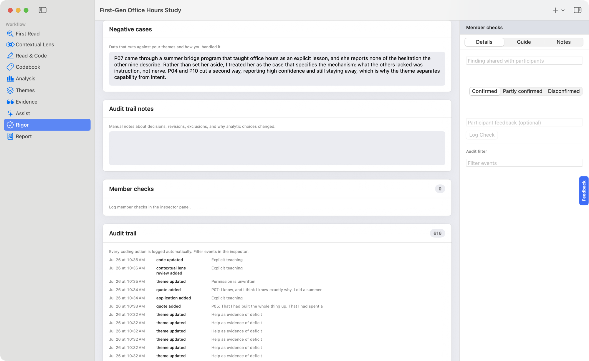 Quala append-only audit trail listing timestamped coding and memo entries