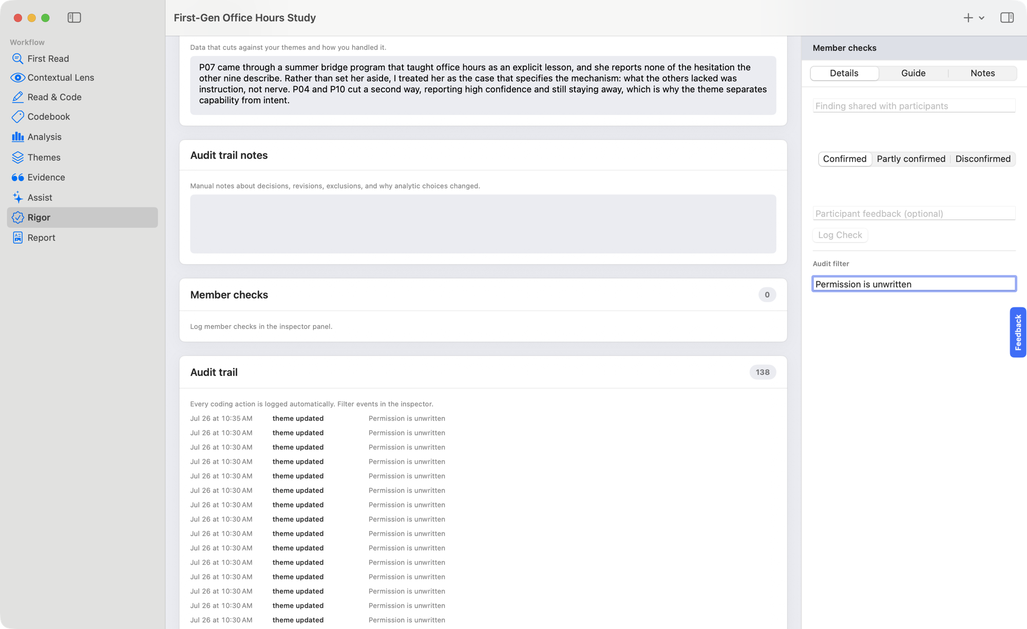 Quala audit trail filtered to a single code, listing every timestamped decision made about it