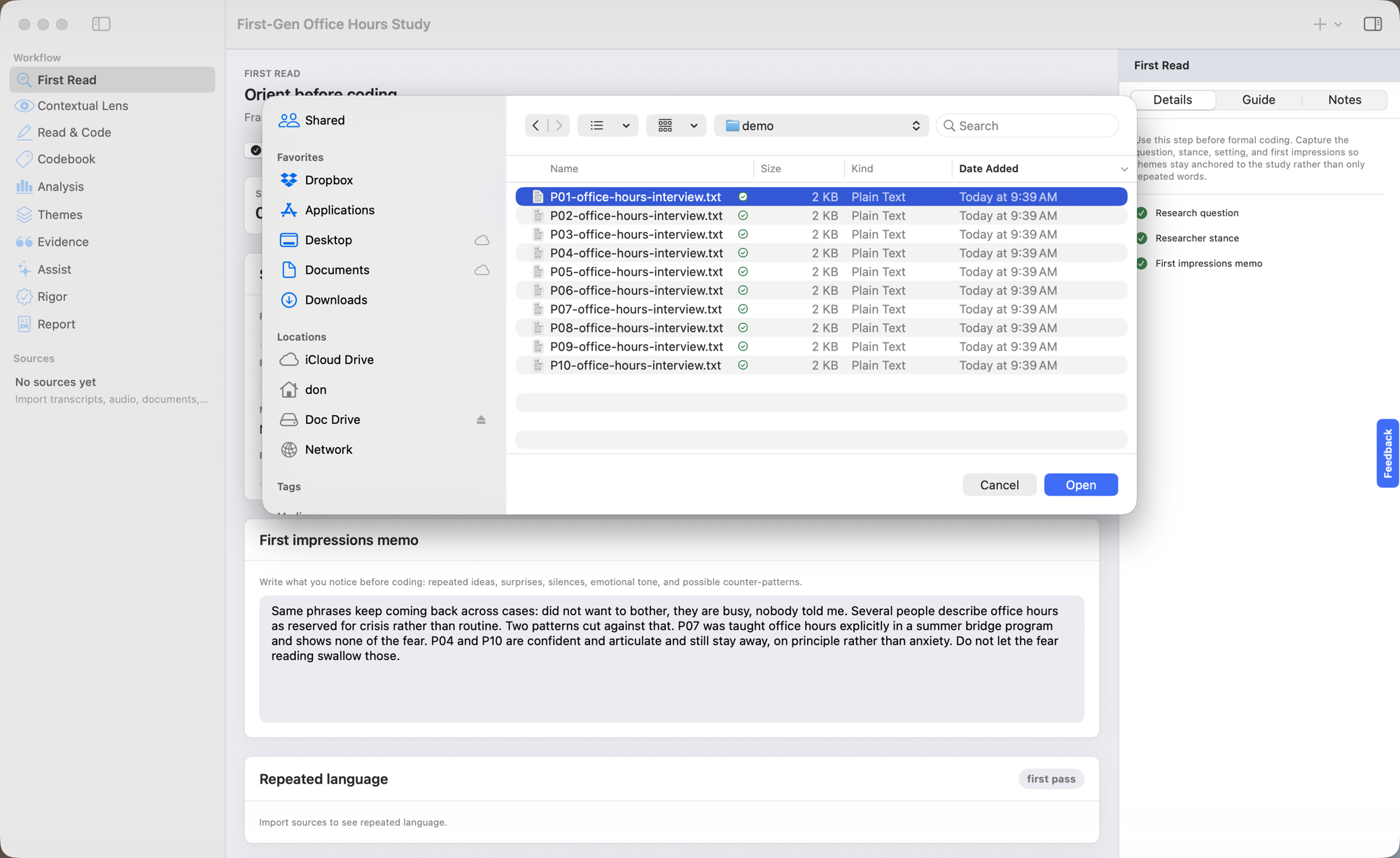 Quala import dialog