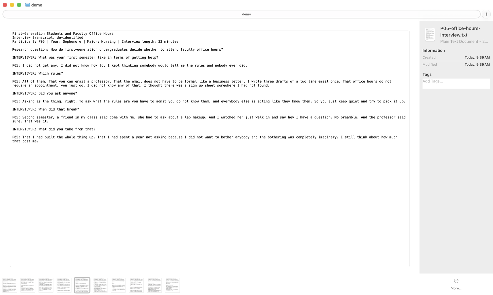 The study's interview transcripts sitting in a folder on the researcher's own Mac, previewed in Finder