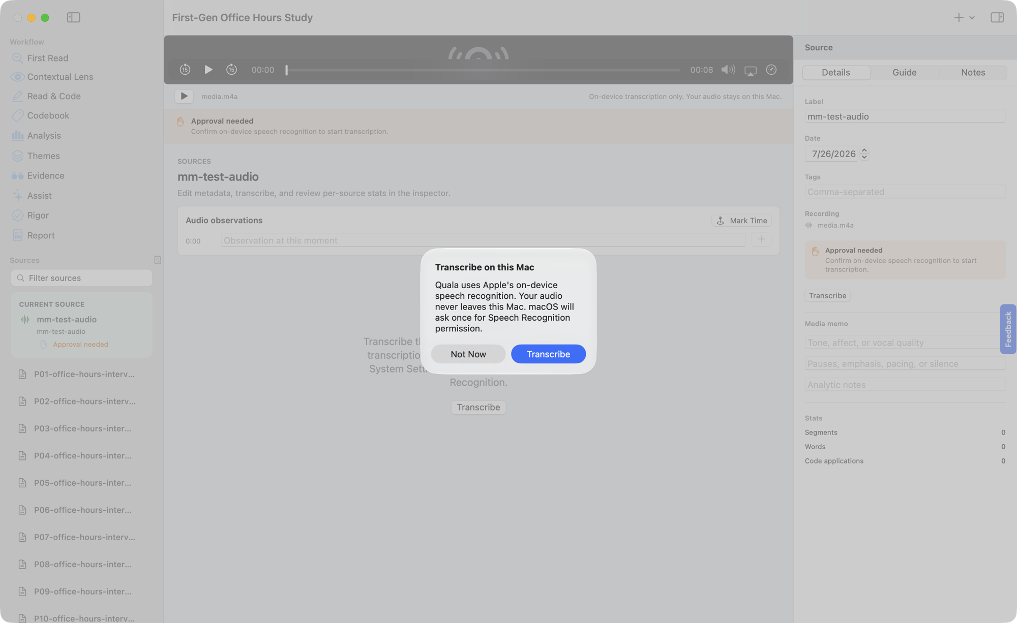 Quala confirming transcription uses Apple's on-device speech recognition and the audio never leaves the Mac