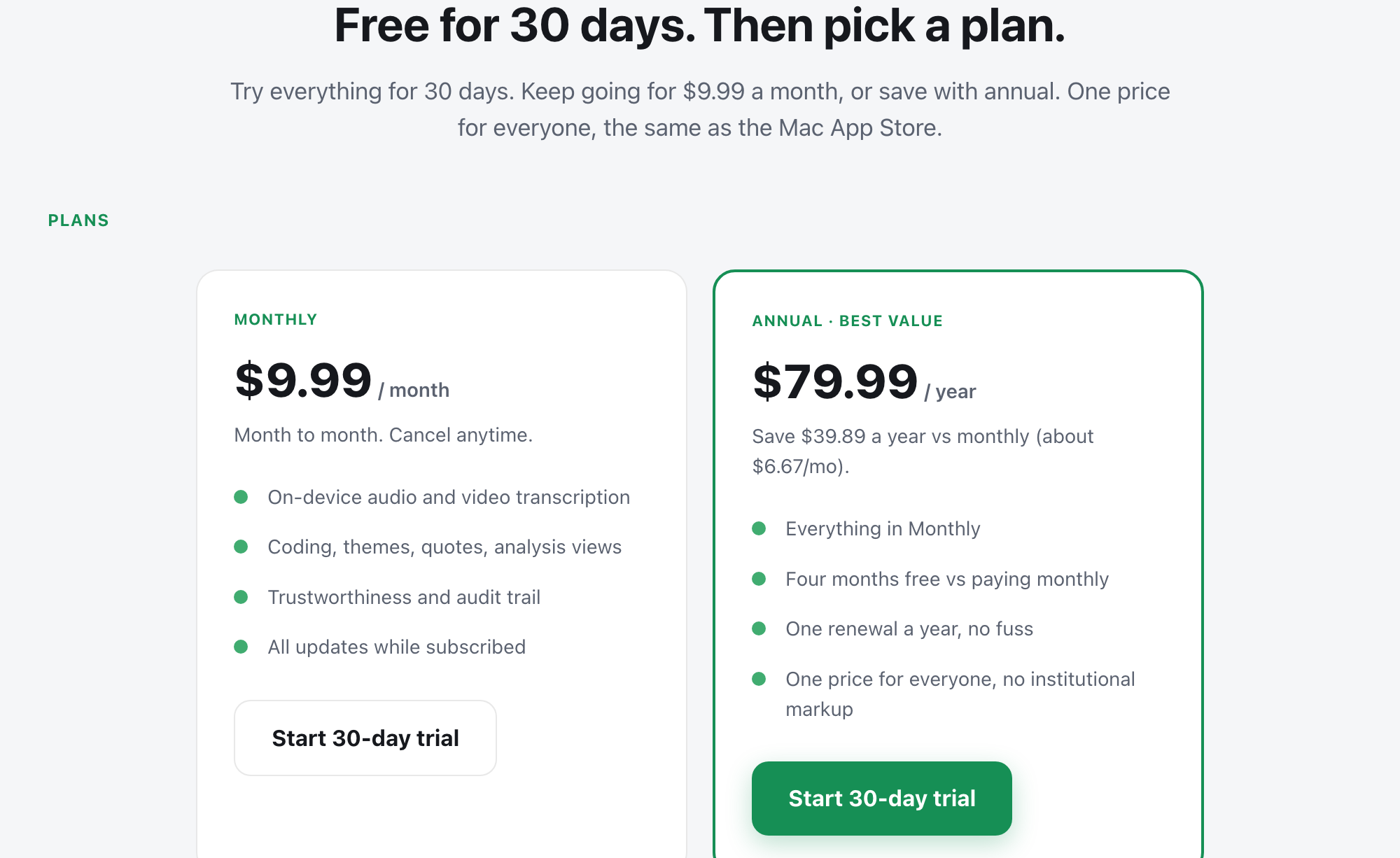 Quala pricing: a 30-day free trial, then one price for everyone, monthly or annual