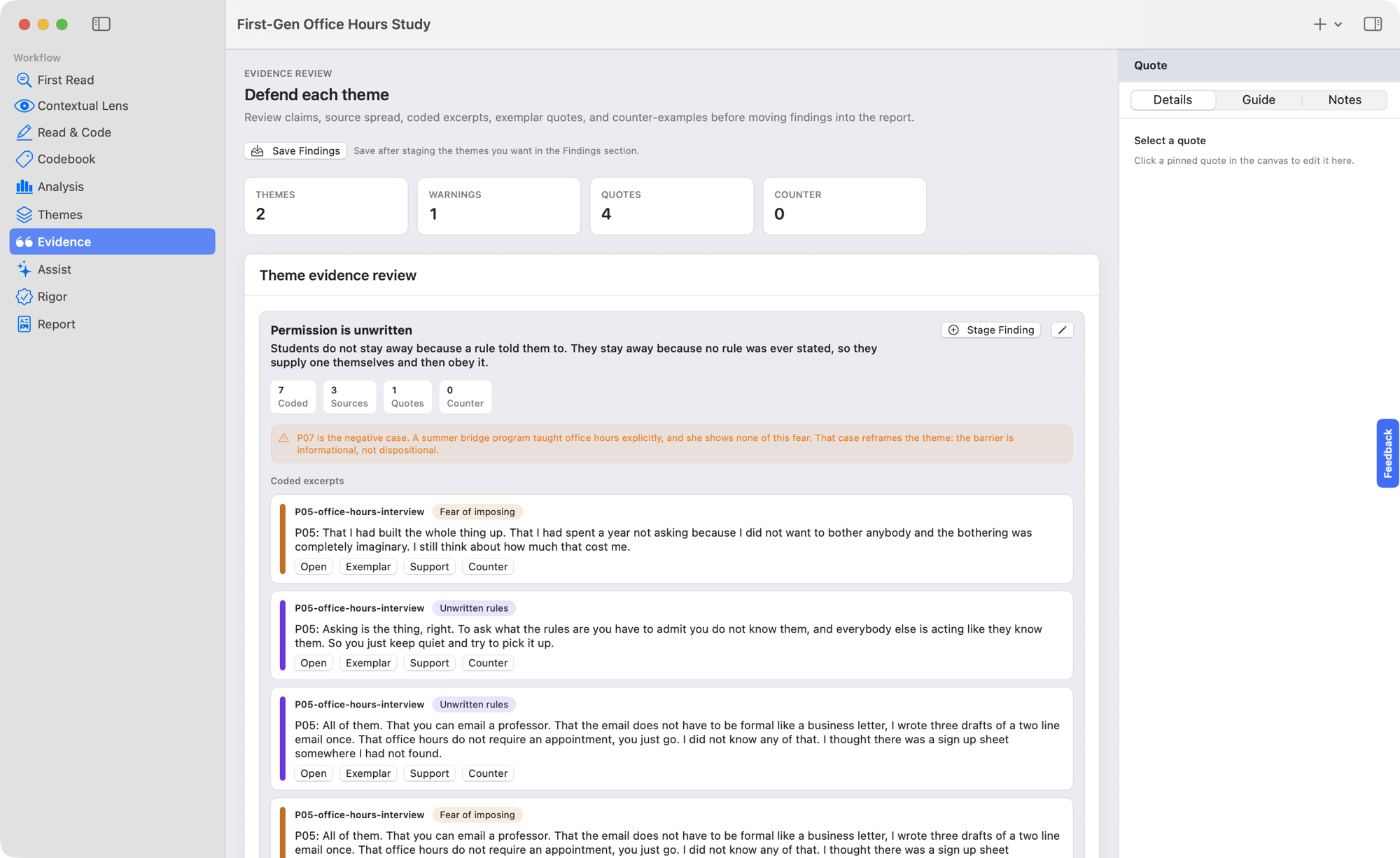 Quala evidence review with pinned exemplar quotes and a counter-evidence note against each theme