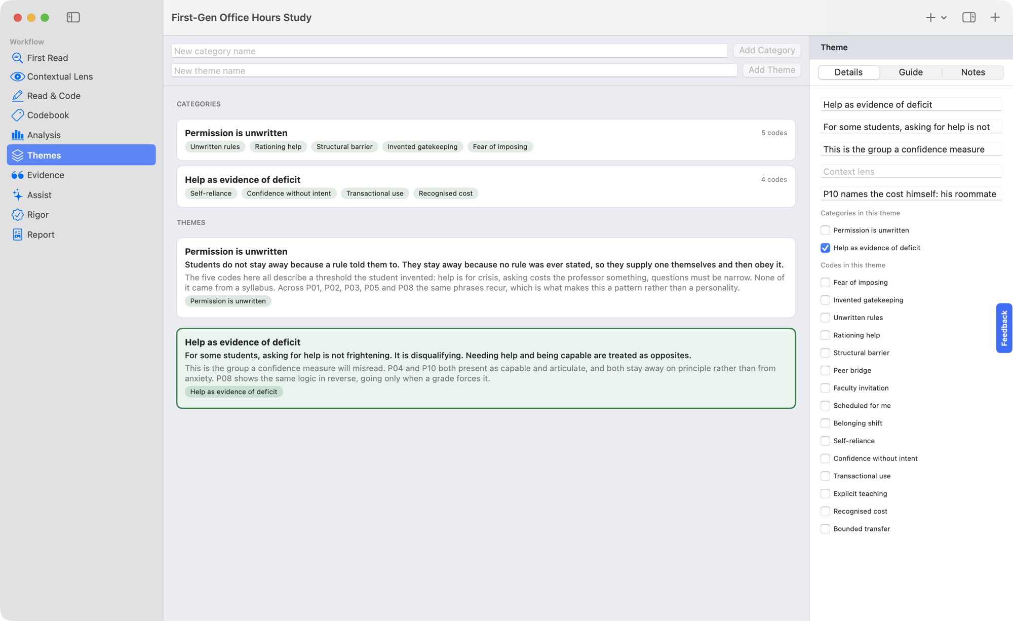 Quala themes view grouping codes into a theme with an interpretive claim, memo, and counter-evidence