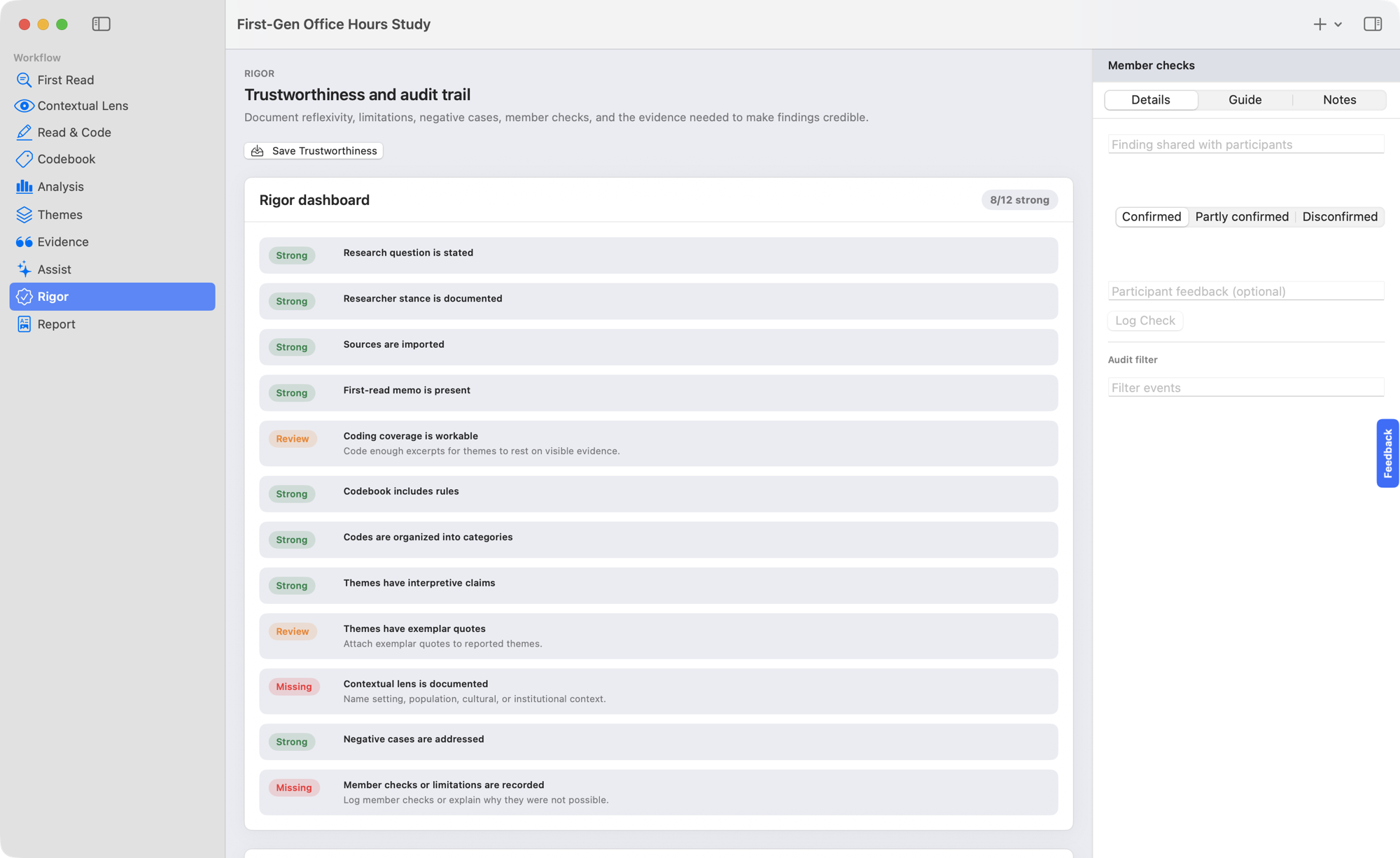 Quala trustworthiness dashboard scoring each check, with negative cases marked as addressed