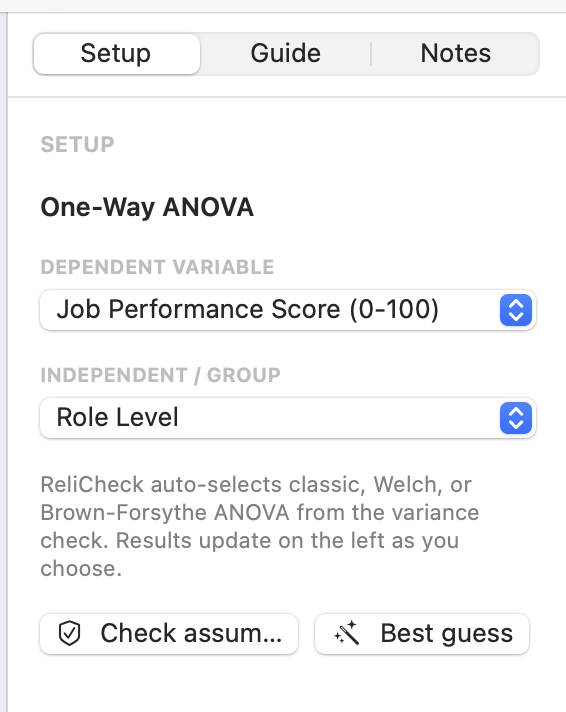 Quanta setup panel with Dependent set to Job Performance Score and Independent set to Role Level