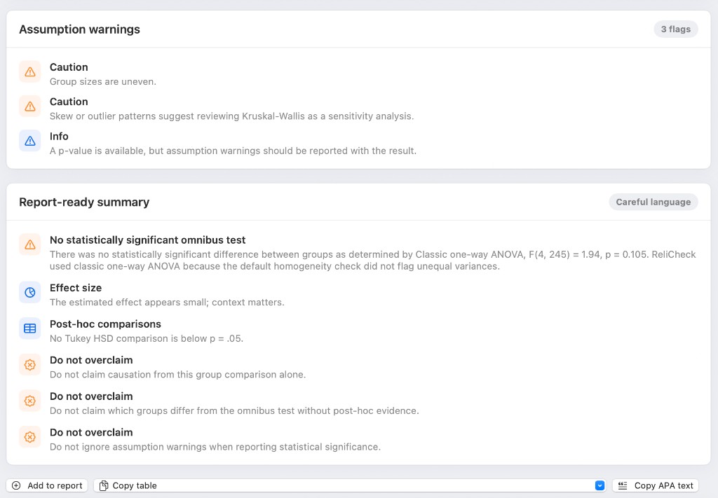 Quanta assumption warnings and report-ready summary