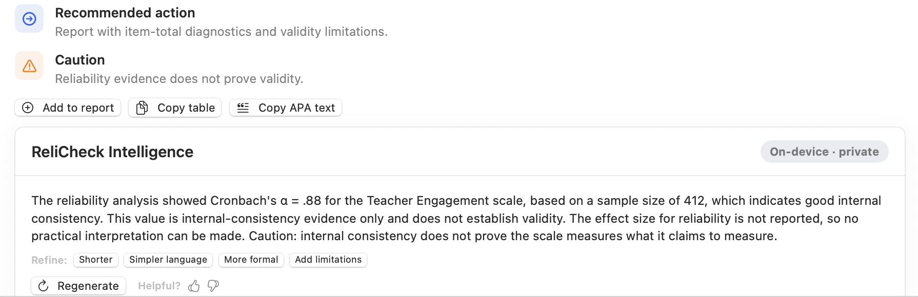 ReliCheck Intelligence writing a plain-language explanation beneath a reliability result, marked on-device and private