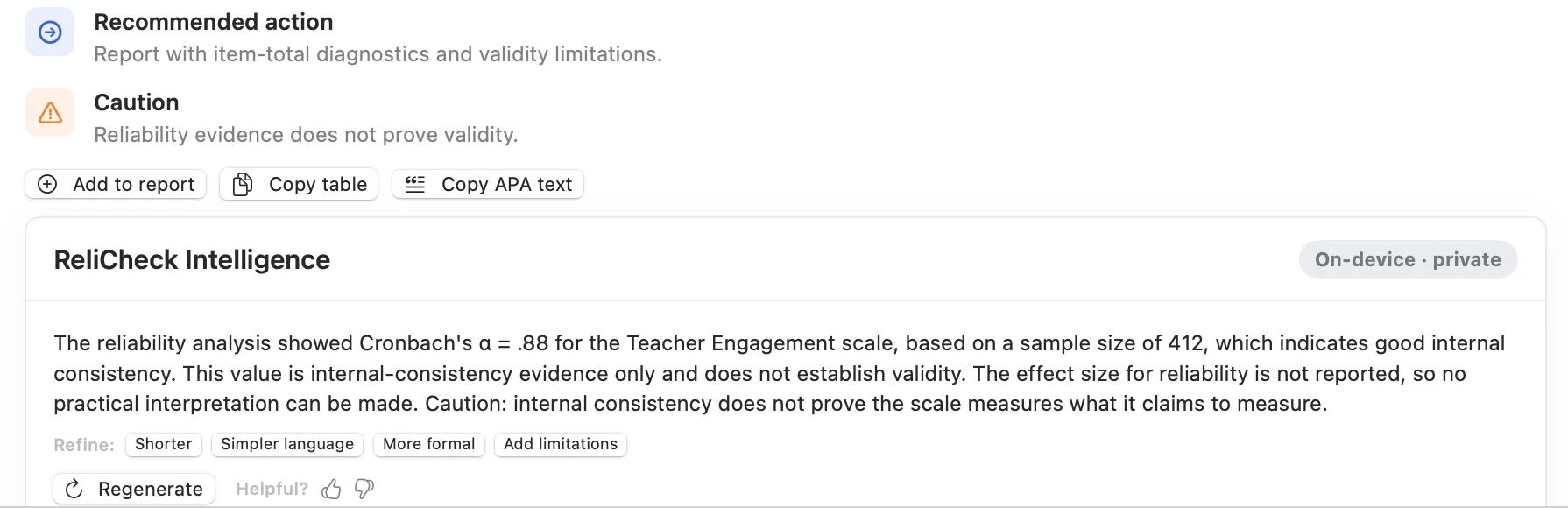 ReliCheck Intelligence writing a plain-language explanation beneath a reliability result, marked on-device and private