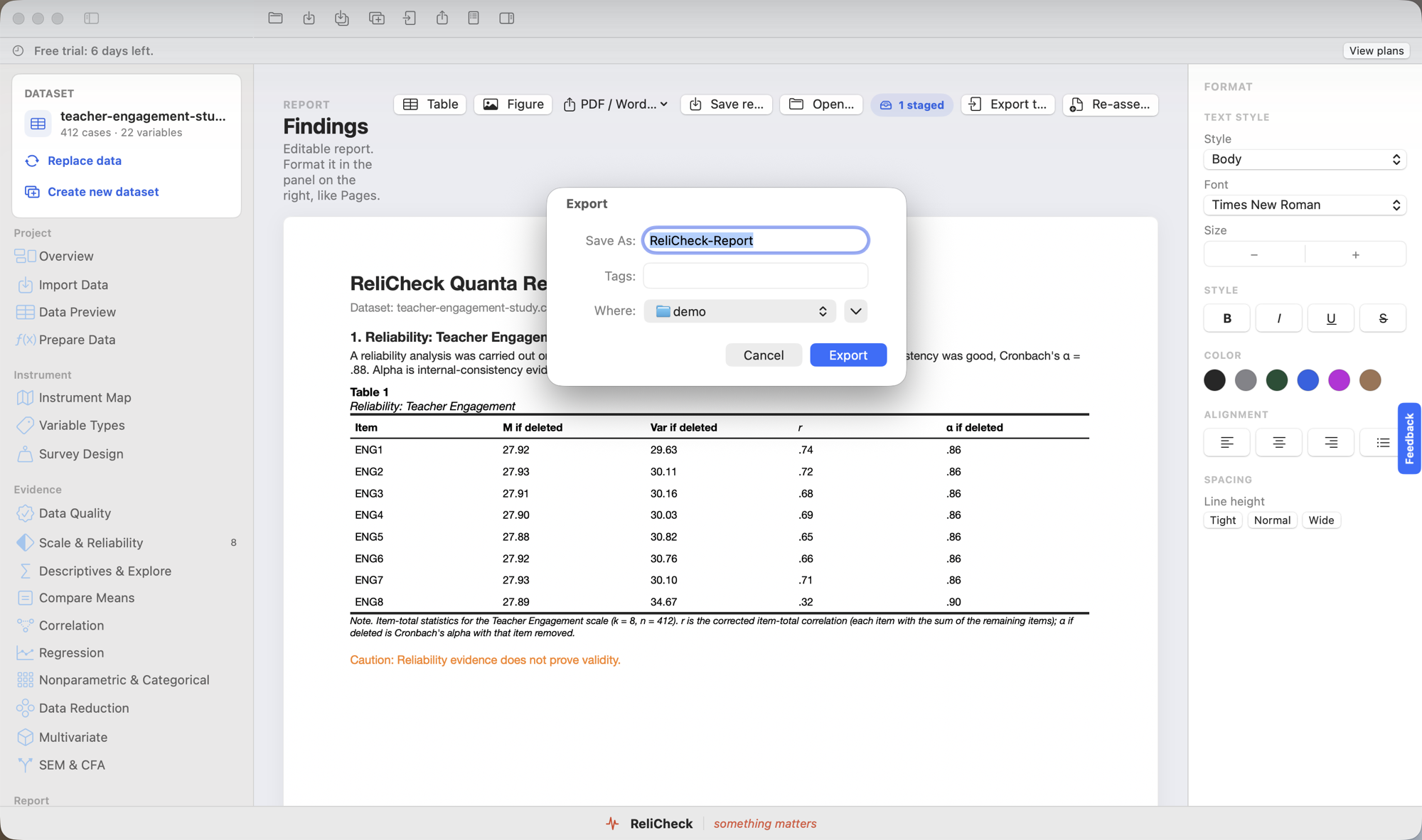 Quanta exporting a formatted report to Word, PDF, or RTF