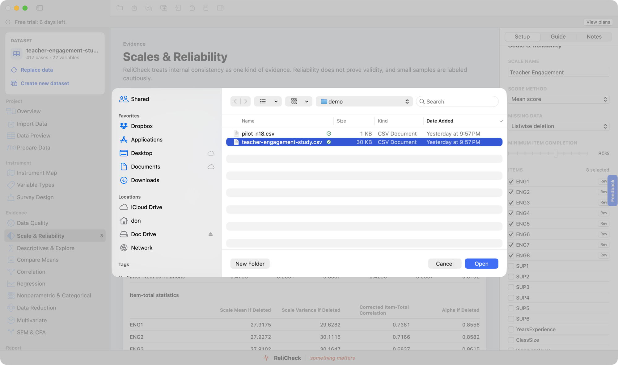 Quanta open dialog with a CSV study file selected