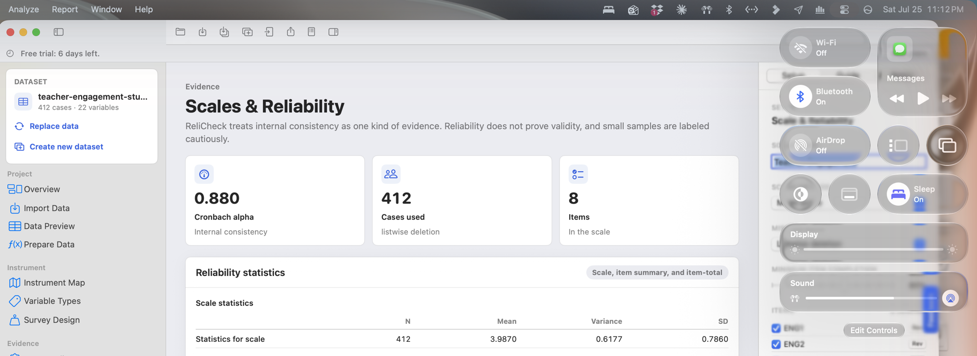 Quanta completing a reliability analysis while the Mac Control Center shows Wi-Fi switched off