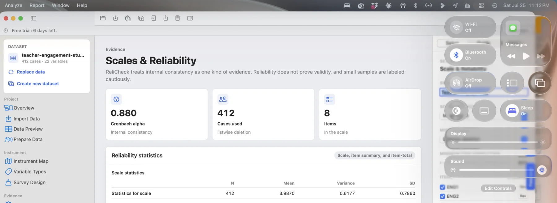 Quanta completing a reliability analysis while the Mac Control Center shows Wi-Fi switched off
