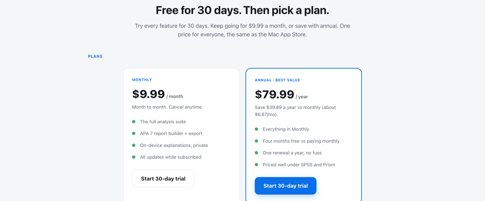 Quanta pricing: a 30-day free trial, then one price for everyone, monthly or annual