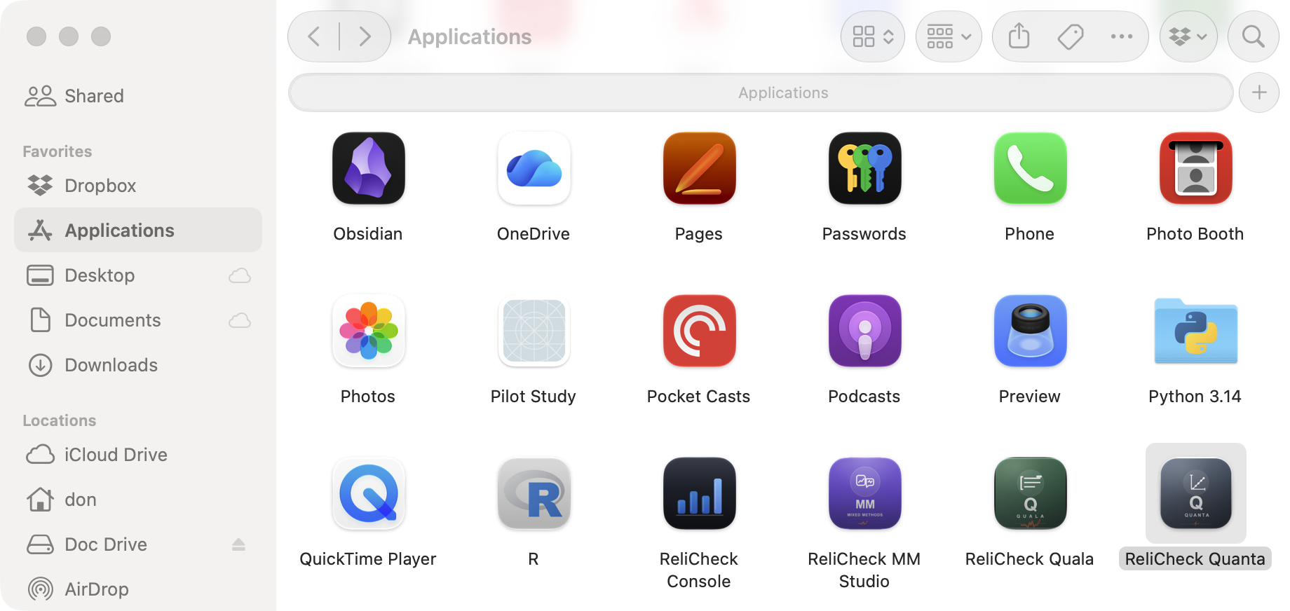 ReliCheck Quanta installed in the Applications folder as a single signed app