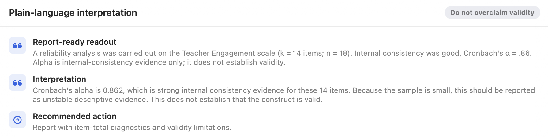 Quanta reporting a pilot-sized result and stating that the small sample should be treated as unstable descriptive evidence