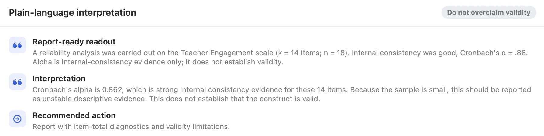 Quanta reporting a pilot-sized result and stating that the small sample should be treated as unstable descriptive evidence